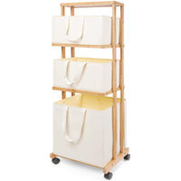 1 x RAW Customer Returns Yorbay Bamboo Laundry Hamper with Wheel, 3 Removable Baskets, Dirty Clothes Hamper, Bathroom Bedroom Storage Rack, Mobile, 121x34x42cm, Beige - RRP €68.84