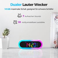 1 x RAW Customer Returns REACHER Colorful LED digital alarm clock with 2 alarm times, colorful night light, loud, snooze,, 7 alarm tones, adjustable alarm volume, with day of the week, timer, compact clock for bedside table, mains operated... - RRP €23.3