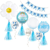 6 x Brand New Birthday Balloons Decoration Set, Daisy Smiley Balloon Children s Birthday Decoration Party Accessories, Foil Balloon, Latex Balloon, Happy Birthday Banner, Paper Tassels, for Girl Boy Party Decoration Blue  - RRP €115.2