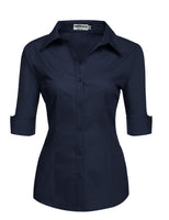 1 x RAW Customer Returns Hotouch Blouse Women s 3 4 Sleeve Shirt Blouse with Buttons Blouses Slim Fit Classic Tunic Plain Work Shirt Navy Blue M - RRP €28.22