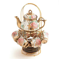 1 x RAW Customer Returns Gold Plated Red Rose Ceramic Tea Set, Vintage Tea Set with Teapot, Beautiful Tea Set Coffee Serving 6 People gilded rose  - RRP €45.6