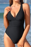 1 x RAW Customer Returns SHEKINI Women s One Piece Swimsuit V Neck Ruched Swimwear Cross Backless Figure Shaping Beachwear Swimsuit M, Black  - RRP €34.95