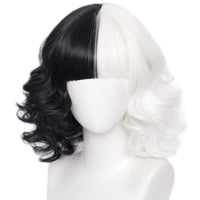 1 x RAW Customer Returns PORSMEER Half Black Half White Wig Women s Short Curly Wavy Hair with Bangs Cosplay Wig Bob Wig for Halloween Carnival and Party Fancy Dress - RRP €16.8