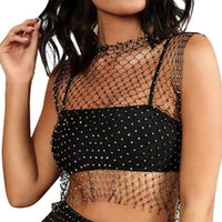 1 x RAW Customer Returns Ushiny Crystal Mesh Top Black Sparkling Rhinestones Net Hollow Out Tank Top Halloween Accessories Festival Costume Party Rave Outfit for Women and Girls - RRP €26.99