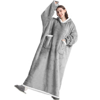 1 x RAW Customer Returns Emwwat Extra Long Oversized Sherpa Hooded Blanket for Women Men Wearable Hooded Blanket with Sleeves and Giant Pocket Grey Color, 150 Long  - RRP €30.24