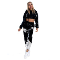 1 x RAW Customer Returns IMEKIS Women s Shiny Metallic Tracksuit Jogging Suit Sports Suit Long Sleeve Hooded Crop Top and Cargo Pants 2 Piece Pants Suit House Suit Nightclub Performance Dancewear Black Small - RRP €44.76