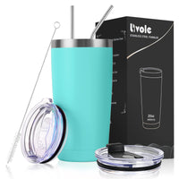 1 x RAW Customer Returns Livole thermal mug 20oz 600ml for men, women, car mug, coffee mug to go, stainless steel mug with straw and lid, double-walled vacuum drinking cup, camping mug cup for coffee, turquoise - RRP €16.64