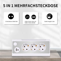 1 x RAW Customer Returns JIMEIDA 3-way multiple socket white power strip with USB A and Type C max 5V 3A with LED night light with touch switch multifunctional stainless steel front plate power strip, 1.8M - RRP €24.19