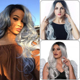 18 x Brand New RANJIMA Wig Women Costume Set, 70cm Wig Ladies Grey Long, Set of 8 Grey Long Wavy Curly Hair, Carnival Wig Grey Long with Hairnet Earrings Lace Necklace Mask Gloves for Carnival - RRP €181.26