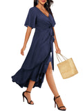 1 x RAW Customer Returns Beluring Women s Dresses Summer Short Sleeve V Neck Maxi Dresses Solid Color Ruffle Dress Navy Blue M - RRP €40.92