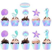 1 x RAW Customer Returns 40pcs mermaid cake dessert decoration, cupcake toppers, wrappers, cake toppers and packaging decoration supplies for baby girl kids birthday party - RRP €6.24