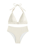 1 x RAW Customer Returns GORGLITTER Triangle Bikini Women Set Halterneck Bikini With Chain Two Piece Swimsuit Bikini With Ring Swimwear Swimsuit Beige XL - RRP €33.99