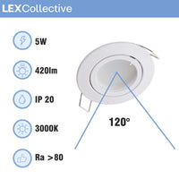 5 x Brand New Lex Collective LED recessed spotlight white flat 230V 5W LED spots dimmable pivoting ceiling spot, IP20 recessed spot for living room, bedroom, kitchen, office set of 3 - warm white  - RRP €65.5