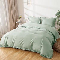 1 x RAW Customer Returns Lekesky bed linen 220x200, ruffle bed linen 3 pieces girls microfiber bed linen flowers with zipper with pillowcases 80x80 cm, ruffles green - RRP €33.99