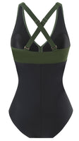 1 x RAW Customer Returns Laorchid women s swimsuit v neck one-piece push up swimwear swimsuit women high waist swimsuit women tummy control dark green with black L - RRP €38.3