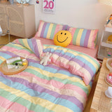 1 x RAW Customer Returns Koudi Colorful Girls Bed Linen 140x200 Children s Bed Linen Multicolored Rainbow Stripe Pattern Duvet Cover Zipper with Pillowcase 70x90cm - RRP €28.99