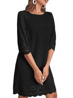 1 x RAW Customer Returns GORGLITTER Women s Tunic Dress Casual Casual Dress Round Neck Blouse Kelid 3 4 Sleeve Short Dress with Laser Cut Black L - RRP €34.27