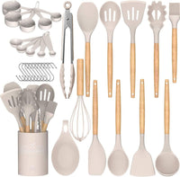 1 x RAW Customer Returns Umite Chef Kitchen Utensils Set, Non-Stick Silicone Kitchen Utensils Spatula Set with Holder, Wooden Handle, Heat Resistant Silicone, 24 Pieces - RRP €33.26