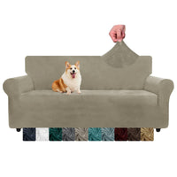 1 x RAW Customer Returns CHELZEN Velvet Couch Covers 3 Seater Thick Stretch Sofa Covers for Dogs Pets Non-Slip Sofa Slipcover Washable Furniture Protector for Living Room 3 Seater, Khaki  - RRP €40.18