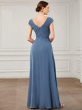 1 x Brand New Ever-Pretty Women s Long Slit V-neck Cap Sleeve A Line Chic Bridesmaid Dress Denim Blue 38 - RRP €56.99