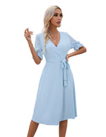 1 x RAW Customer Returns KOJOOIN Women Summer Dress Elegant A-Line Tunic Dress V-Neck Long Sleeve Belted Dress Multi-Purpose Light Blue Short Sleeve L - RRP €37.3