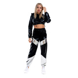 1 x RAW Customer Returns IMEKIS Women s Shiny Metallic Tracksuit Jogging Suit Sports Suit Long Sleeve Hooded Crop Top and Cargo Pants 2 Piece Pants Suit House Suit Nightclub Performance Dancewear Black Small - RRP €44.76