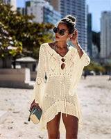 1 x RAW Customer Returns Women s Crochet Knitted Swimsuit Cover Up Summer Beach Dress Bikini Cover Up Blouse Knitted Tunic Kaftan Top One Size, A - Beige  - RRP €19.99