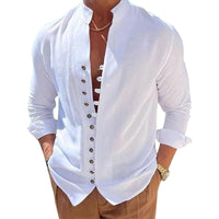 1 x RAW Customer Returns Puimentiua Men s Linen Shirt Lightweight Summer Shirt Long Sleeves Men s Beach Henley Shirt with Stand-up Collar, White, XL - RRP €22.61