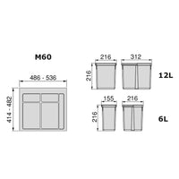 1 x RAW Customer Returns Emuca - Garbage bins for drawer, recycling bins with cut-out base, set of containers high 216mm with 60cm base - RRP €65.54