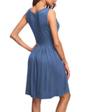 1 x Brand New AUSELILY Women s Summer Dress Sleeveless Mini Casual Pleated Knee Dress with Pocket XL,Beja Blue  - RRP €22.99