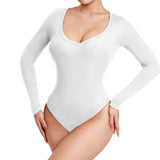 1 x RAW Customer Returns RoomTour Women s Long Sleeve Bodysuit, V-Neck Thong Tops for Women, Women s Bodycon Jumpsuit 1-White M - RRP €24.58