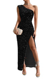 1 x RAW Customer Returns Justchicc Women s Sexy One Shoulder Sleeveless Sparkling Sequin Party Dress Maxi Dress Black Medium - RRP €70.21