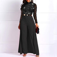 1 x RAW Customer Returns VERWIN Women s Patchwork Overlay Sequin Embellished High Waist Long Sleeve Jumpsuit Black Medium - RRP €47.99