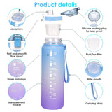 1 x RAW Customer Returns minghaoyuan drinking bottle 1L, water bottle with time markings and straw, leak-proof BPA-free, sports drinking bottle for school, bike, outdoor, travel, yoga, fitness - RRP €9.06