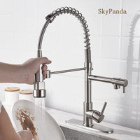 1 x RAW Customer Returns SkyPanda kitchen faucet, brushed brass spring faucet 360 rotatable with pull down mixer spray head, with 2 outlets jet and spray spray head high pressure, nickel brush - RRP €72.0