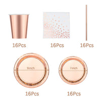 1 x RAW Customer Returns Amycute Disposable Tableware Rose Gold 16 Guests - Paper Plates, Cups, Straws, Napkins, Paper, Decoration, Table, for Rose Gold, Decoration, Party, Birthday, Wedding, Baby Shower, Baptism, Girls, Women, - RRP €20.4