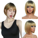 9 x Brand New Wigs Women Short Ombre Blonde 10 Inch Wig Bob with Bangs for Women Shoulder Length Heat Resistant Straight Synthetic Hair Non Front Lace Wig 1B SR27  - RRP €130.59