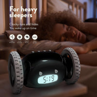 1 x RAW Customer Returns CLOCKY Funny Gift- Loud Alarm Clock for Heavy Sleepers on Wheels Adults Kids Teens Bedroom Run Away Moving Jump Roll Vibrating, Cute Annoying, 1-Time Snooze, Digital, Wake Up Energized Black  - RRP €39.98