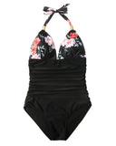 1 x RAW Customer Returns RXRXCOCO Swimsuit Women Ruffles Tummy Control V Neck Push Up Shape Swimwear Halter One Piece Backless Swimsuit Flower Black XXL - RRP €40.99