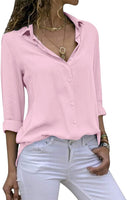 1 x RAW Customer Returns Cassiecy Women s Chiffon Blouse Elegant V-Neck Long Sleeve Casual Tops Shirt Loose Long Sleeve Tops XL, Pink  - RRP €30.23