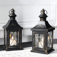 1 x RAW Customer Returns TRIROCKS Set of 2 Decorative Metal Candle Lanterns 25cm Tall Perfect for Home, Event, Table Decoration Indoor and Outdoor Black with Gold Brush  - RRP €37.99