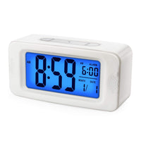 1 x RAW Customer Returns Plumeet Electronic Alarm Clock with Sensor Light, Glows All Night, 4-inch LCD Screen with Time, Alarm Time, Date, Bedside Alarm Clock with Snooze Suitable, Battery Operated White  - RRP €14.51