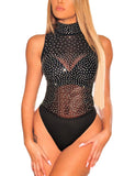 1 x Brand New Uranus Women s Sleeveless Bodysuit Sexy Mock Neck Rhinestone Leotard Jumpsuit, Black, XL - RRP €24.46