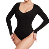 1 x RAW Customer Returns RoomTour Women s Long Sleeve Bodysuit, V-Neck Thong Tops for Women, Women s Bodycon Jumpsuit 1-Black XL - RRP €27.19