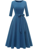 8 x Brand New DRESSTELLS women s cocktail dress confirmation dresses festive party dresses midi-length cocktail dress evening dress with belt retro long-sleeved pleated skirt grey blue 2XL - RRP €306.72