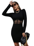 1 x RAW Customer Returns GORGLITTER figure-hugging dress short dress with mesh women s sexy mini dress ribbed knit dresses long-sleeved dress with mesh fabric black S - RRP €30.24