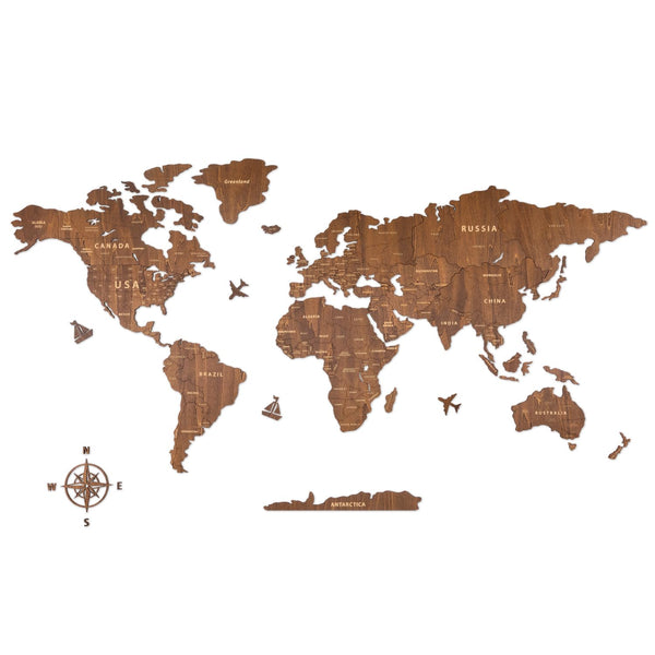 1 x Brand New Creawoo 200 cm Wooden World Map for Wall Decor Walnut  - RRP €22.8