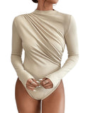 1 x RAW Customer Returns GORGLITTER Women s Elegant Long Sleeve Bodysuit with Turtleneck Ruffle Top Sexy Top Body Apricot Color L - RRP €31.25