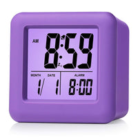 1 x RAW Customer Returns Plumeet Digital Travel Alarm Clock, Easy to Set, with Snooze Mode, Soft Night Light, Large Time, Month, Date and Alarm Display, Rising Sound Alarm Purple  - RRP €18.41