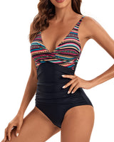 1 x RAW Customer Returns Viloree Women s One Piece Swimsuit V Neck Tummy Control One Piece Swimsuit Ruffle Monokini Colorful Stripes M - RRP €33.96